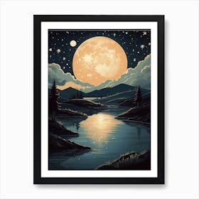 Full Moon Over The Lake Print Art Print