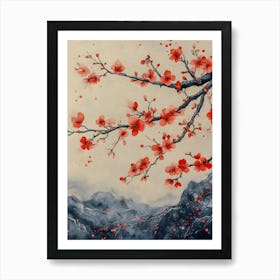 Serene Cherry Blossom Branch Watercolor with Misty Mountain Landscape | Asian Inspired Floral Art Art Print