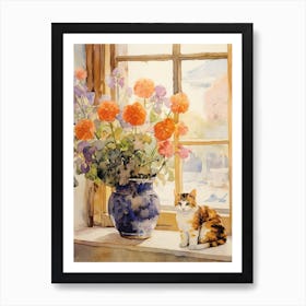 Cat With Pansy Flowers Watercolor Mothers Day Valentines 1 Art Print