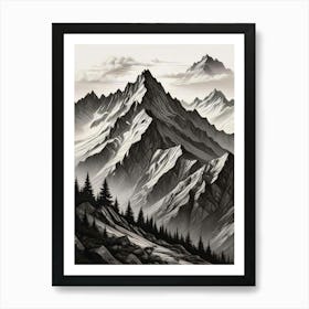 Monochrome Mountain Landscape Art Print (5) Art Print