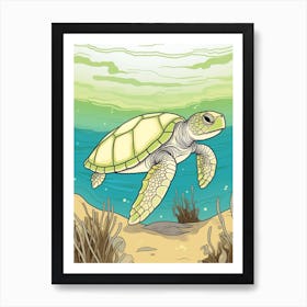 Simple Green And Aqua Linework Turtle Illustration Art Print