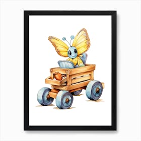 Baby Butterfly On Toy Car, Watercolour Nursery 3 Art Print