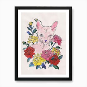 Cute Devon Rex Cat With Flowers Illustration 1 Art Print