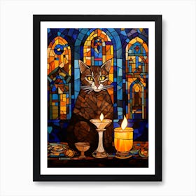 Stained Glass Cat In Church With Candles Art Print