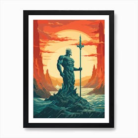  A Retro Poster Of Poseidon Holding A Trident 4 Art Print