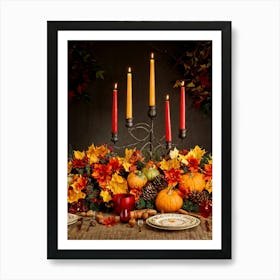 Autumn Harvest Table Centerpiece Overflowing With Gourds And Pumpkins Surrounded By Red And Gold C (1) Art Print