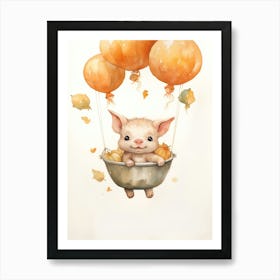 Tea Cup Pig Flying With Autumn Fall Pumpkins And Balloons Watercolour Nursery 4 Art Print