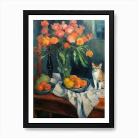 Flower Vase Gladoli With A Cat 4 Impressionism, Cezanne Style Art Print