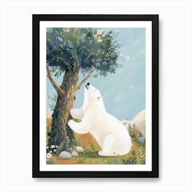 Polar Bear Scratching Its Back Against A Tree Storybook Illustration 4 Art Print