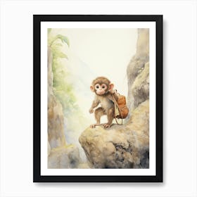 Monkey Painting Hiking Watercolour 4 Art Print