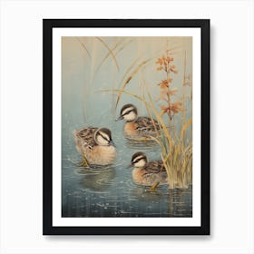 Ducklings Swimming In The Water Japanese Woodblock Style 2 Art Print