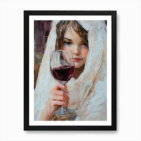 A Young Girl Wrapped In A Sheet Drinks Red Wine In A Glass Art Print