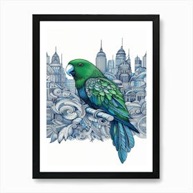 Jet Parrot Cityscape Art Print