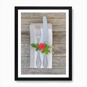 Table Setting With Silverware and rose Art Print