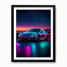 Retro Porsche 911, neon car at night. Turbocharged speed, GT3 RS design, and classic automotive luxury blend perfectly. Art Print