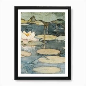 Water Lilies Print Vintage Flowers Pond Watercolour 3 Art Print