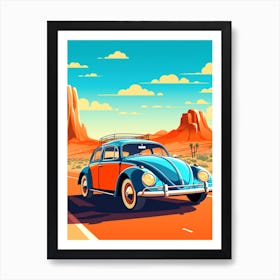 A Volkswagen Beetle Car In Route 66 Flat Illustration 1 Art Print