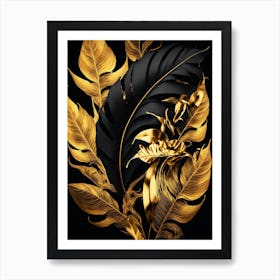 Gold Leaves On Black Background 2 Art Print