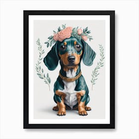 Cute Floral Dachshund Dog Painting (5) Art Print