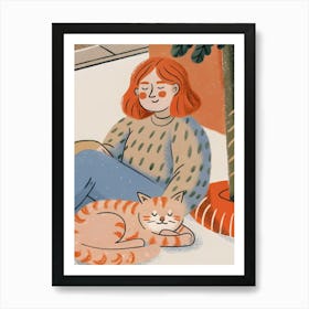 Woman and Cat Sitting Chilling in The Floor Art Print