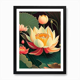 Lotus Flower In Garden Retro Illustration 2 Art Print