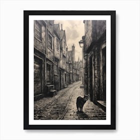 A Black Cat Wandering The Smoky Medieval Cobbled Streets Art Print