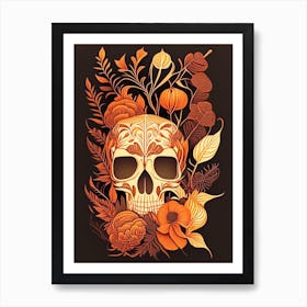 Skull With Intricate Linework 1 Orange Botanical Art Print