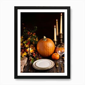 Autumnal Thanksgiving Table Setting Centering An Organic Pumpkin Surrounded By A Bounty Of Golden (7) Art Print