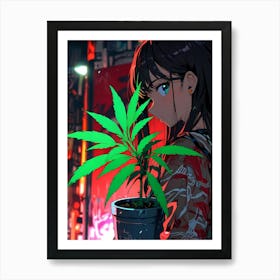 Anime Girl With Marijuana Plant Art Print