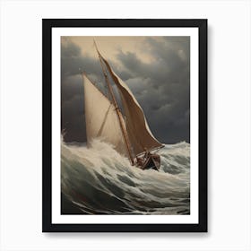 Sailboat On Stormy Sea Painting Art Print