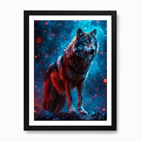 Full Body Wolf Radiating Energy Surrounded By Blue And Red Sparks Illuminating Rain Decorations Em Art Print