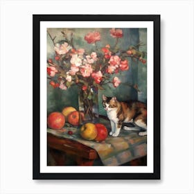Flower Vase Apples Blossom With A Cat 1 Impressionism, Cezanne Style Art Print