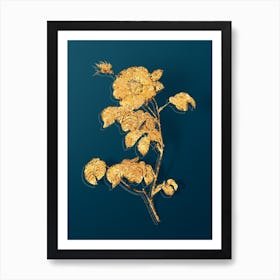 Vintage Vintage Rose Botanical in Gold on Teal Blue n.0115 Art Print