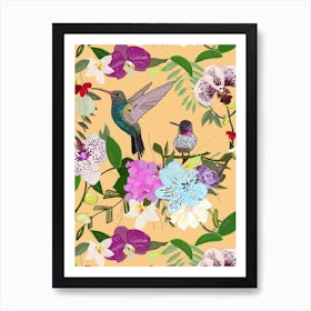 Orchid, Alstromerias And Cute Humming Birds Pattern Art Print