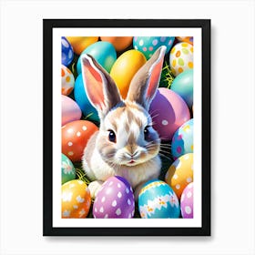 Baby Easter Bunny On A Field With Easter Eggs Art Print