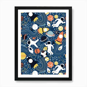 Explore Outer Space - Navy, Blue, Yellow and Orange Universe Kids Art Print