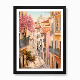 Lisbon Portugal 2 Vintage Pink Travel Illustration Art Print