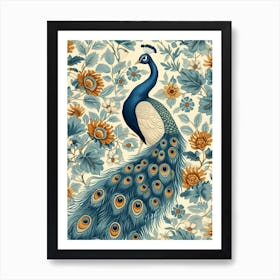Mustard & Cream Floral Peacock Art Print