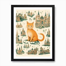 Cute Ginger Cat With Medieval Castles Art Print