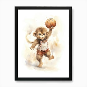 Monkey Painting Playing Basketball Watercolour 2 Art Print