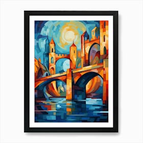 Old Stone Castle at Night, Abstract Vibrant Colorful Painting in Van Gogh & Cubism Style Art Print