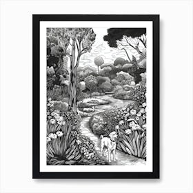 Drawing Of A Dog In Descanso Gardens, Usa In The Style Of Black And White Colouring Pages Line Art 03 Art Print