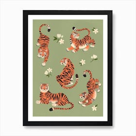 Fierce Tigers In Green Art Print