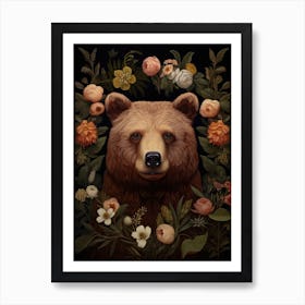 Brown Bear Portrait With Rustic Flowers 0 Art Print