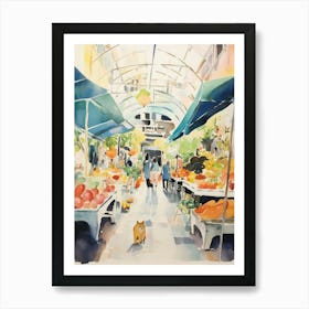 Food Market With Cats In Rome 2 Watercolour Art Print