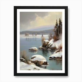 Ancient landscapes, old winter oil paintings and rocks around the lake bank. Snow is falling on the lake, old colors.13 1 Art Print