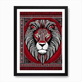 African Quilting Inspired Art of Lion Folk Art, Poetic Red, Black and white Art, 1215 Art Print
