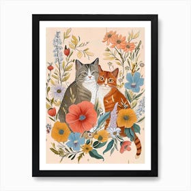 Folksy Floral Animal Drawing Cat 2 Art Print