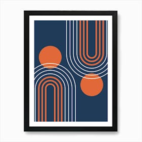Mid Century Modern Geometric B21 In Navy Blue And Orange (Rainbow And Sun Abstract) Art Print