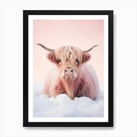 Pink Highland Cow Lying In The Snow 1 Art Print